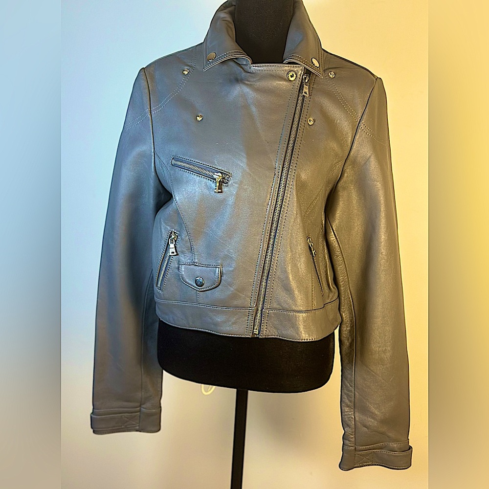 KNOLES & CARTER Vintage Genuine Leather Cropped Gray Moto Jacket Women’s Size XL